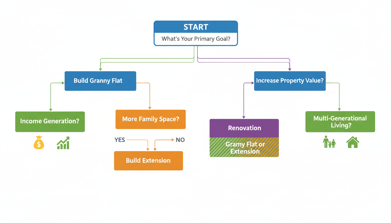 Decision flowchart helping Australian homeowners choose between granny flat extension or renovation based on goals and circumstances