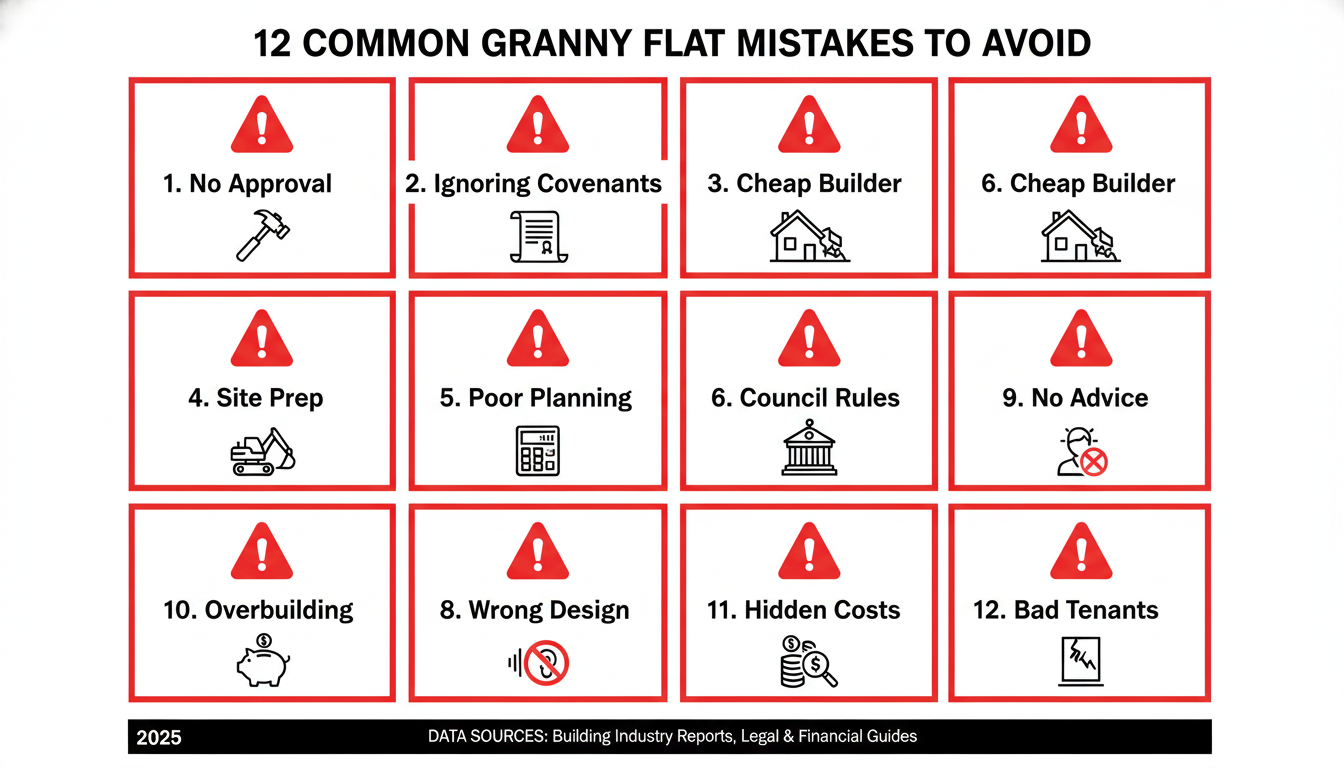 Warning infographic grid showing 12 common granny flat mistakes to avoid including building without approval risking demolition, ignoring covenants, choosing cheap builders, inadequate site preparation budget, poor financial planning, ignoring council requirements, wrong design for use, neglecting acoustic separation, skipping professional advice, overbuilding for suburb, hidden ongoing costs, and poor tenant selection Australia 2025