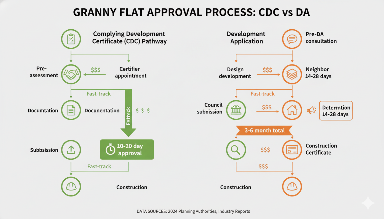 Flowchart comparing Complying Development Certificate CDC fast-track approval pathway 10-20 days versus Development Application DA traditional route 3-6 months showing step-by-step process, timelines, costs, and decision points for Australian granny flat approvals 2025
