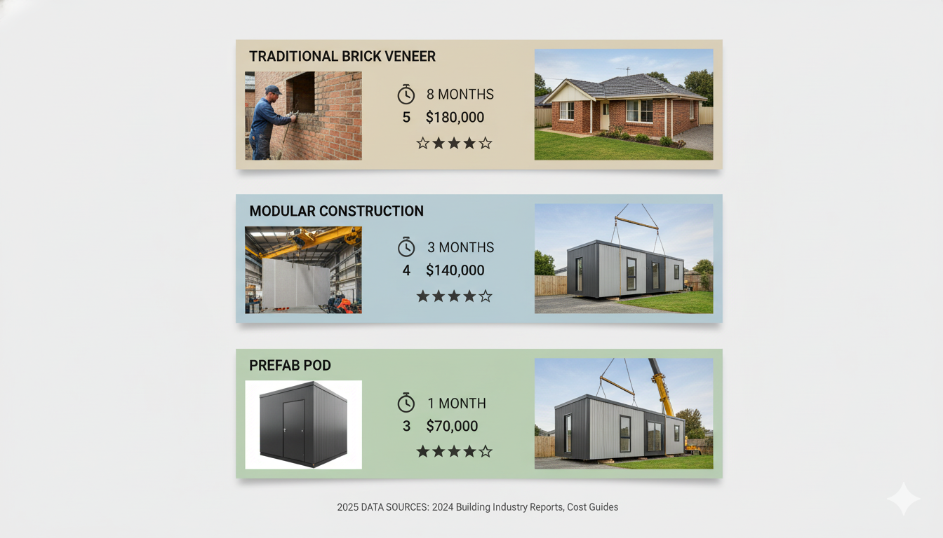 Three-panel comparison of granny flat construction methods showing traditional brick build 8 months 180000 dollars, modular factory construction 3 months 140000 dollars, and prefab installation 1 month 70000 dollars with process photos timelines costs and quality ratings Australia 2025