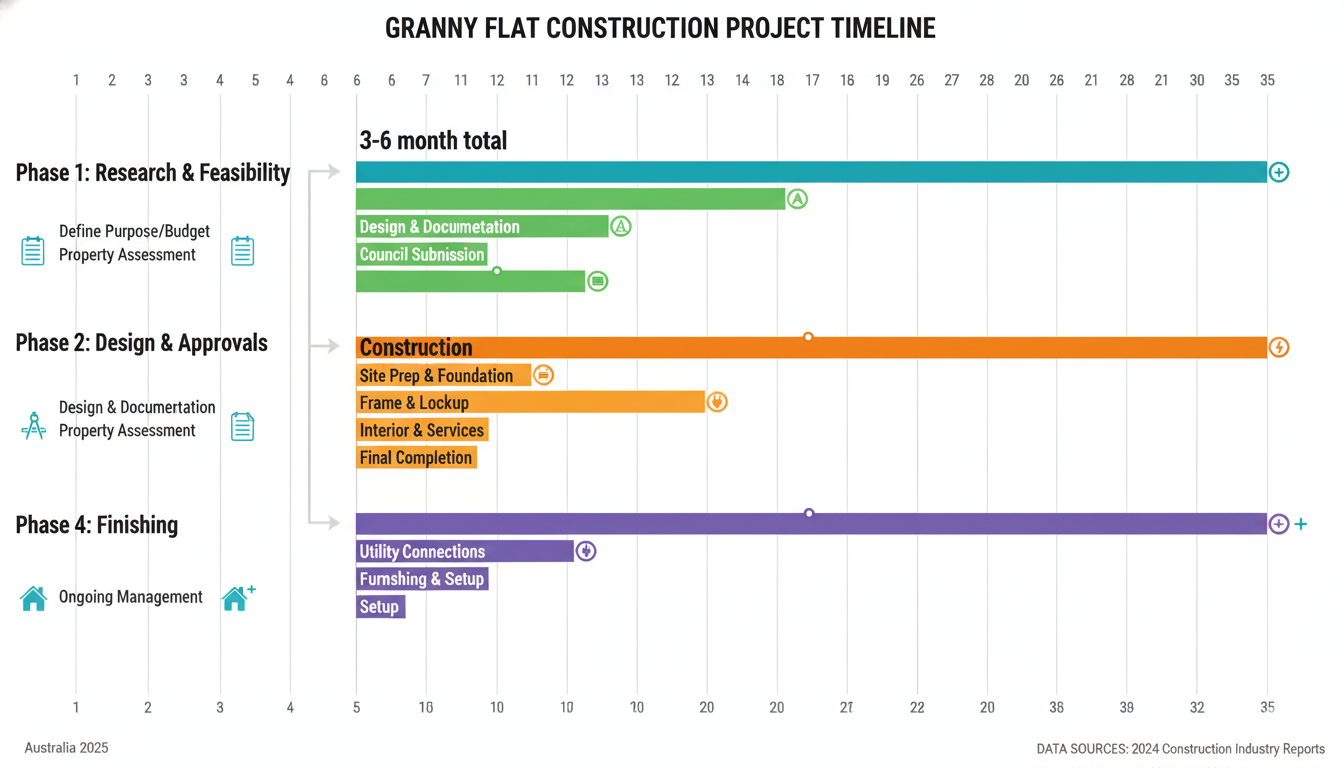 Project timeline Gantt chart showing five phases of granny flat construction from weeks 1-32 including research and feasibility 3 weeks, design and approvals 8 weeks, construction 15 weeks, finishing 4 weeks, and occupation with detailed milestones and sub-tasks for complete action plan Australia 2025
