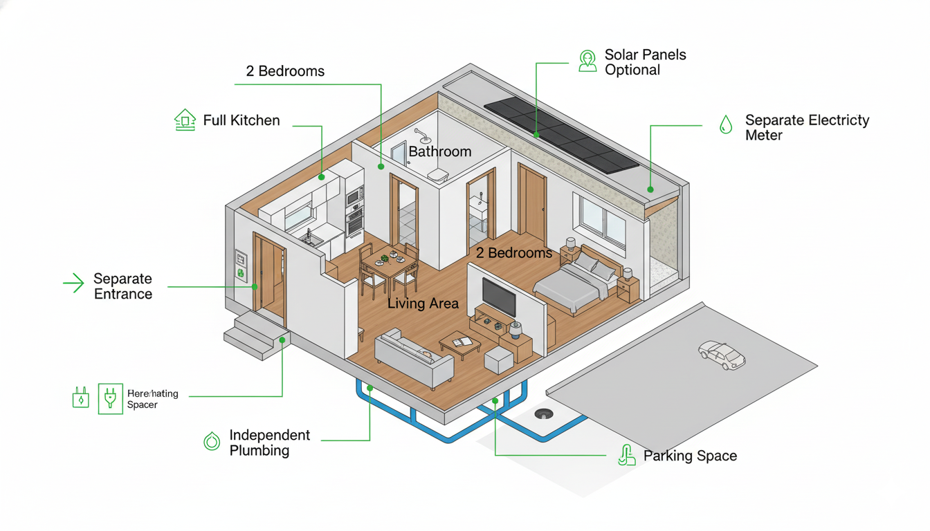 Architectural cutaway diagram showing all features of Australian granny flat including separate kitchen bathroom entrance and utilities with labels
