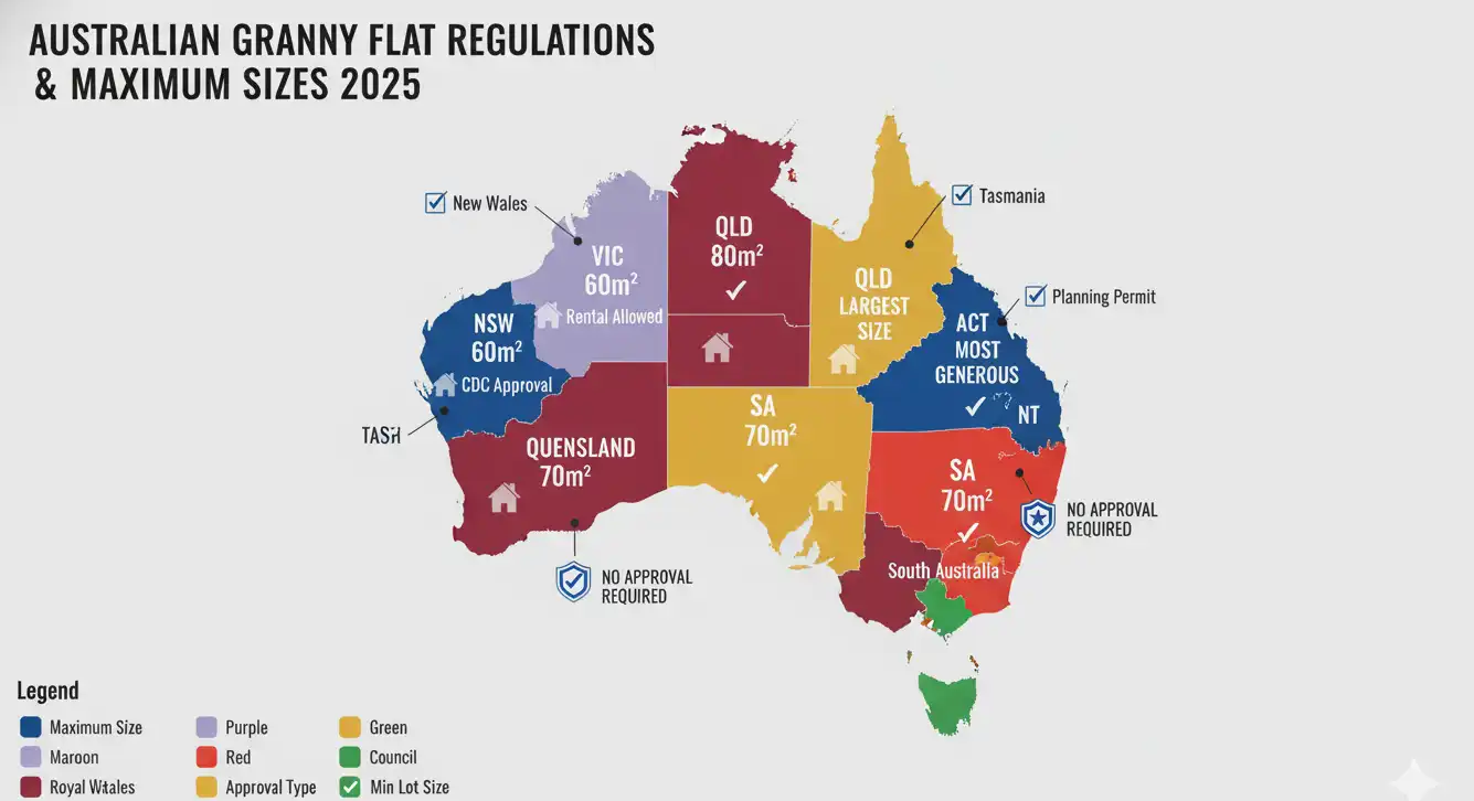 Australia political map showing state-by-state granny flat regulations 2025 including maximum sizes NSW 60 square meters, Victoria 60 square meters, Queensland 80 square meters largest, Western Australia 70 square meters no approval required, South Australia 70 square meters, ACT 90 square meters, Tasmania 60 square meters, NT 60 square meters with rental restrictions and approval pathways color coded infographic