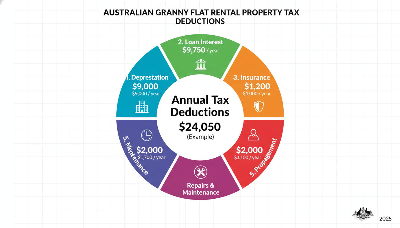 Tax deductions infographic for Australian granny flat rental property showing five main categories depreciation 9000 dollars per year, loan interest 9750 dollars, insurance 1200 dollars, repairs and maintenance 2000 dollars, property management 2100 dollars with total annual deductions and tax savings calculation example 2025 