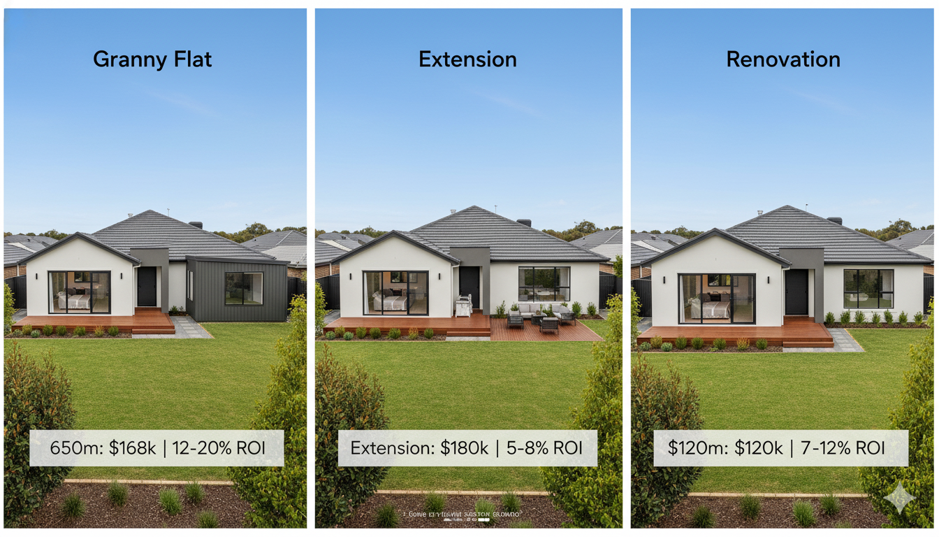 Side by side aerial comparison of granny flat vs home extension vs renovation on same Australian property showing costs and ROI