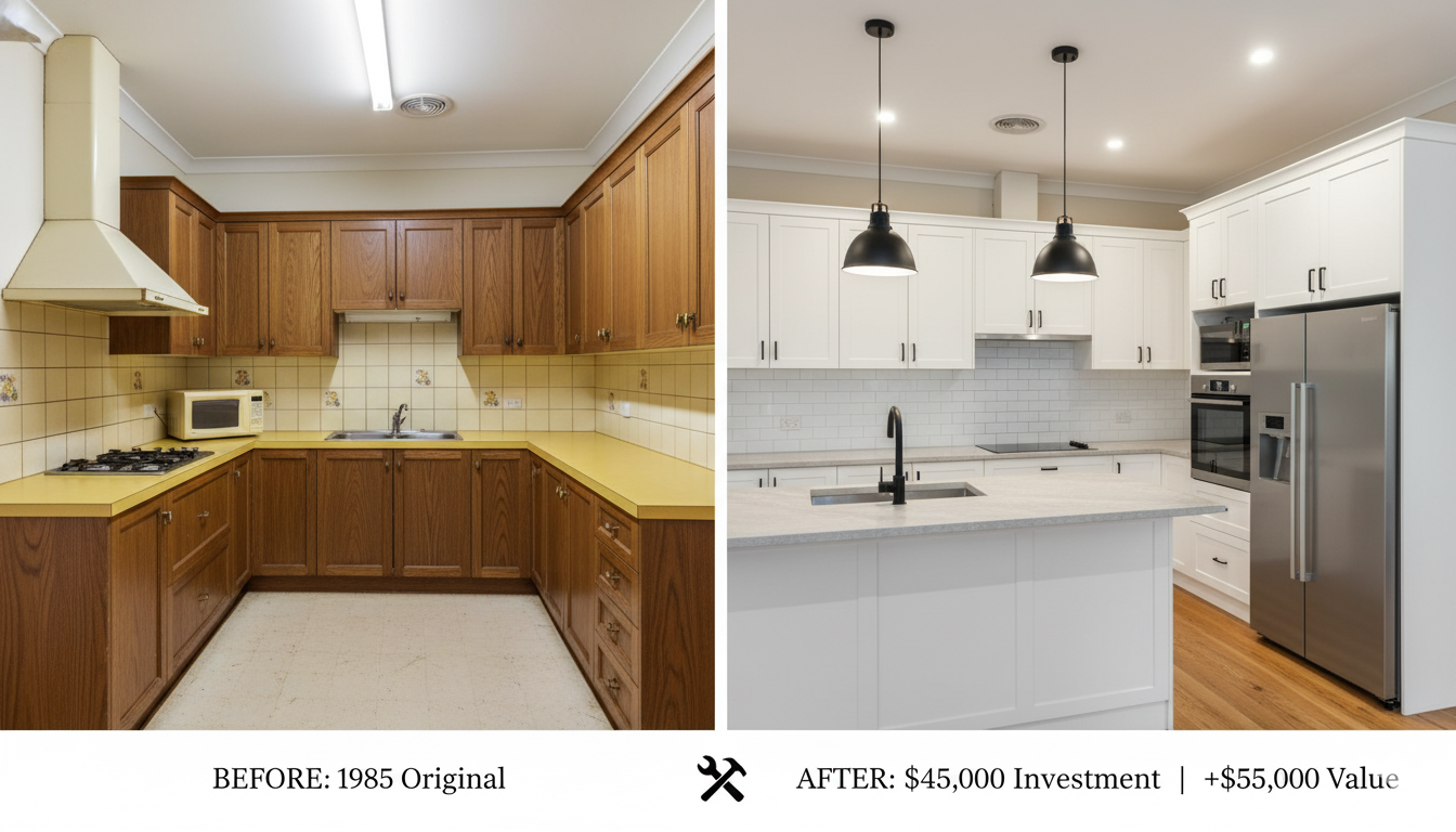 Kitchen renovation before and after comparison showing transformation from dated 1980s kitchen to modern white design with stone benchtops showing 122 percent ROI