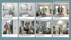 Infographic showing six different uses for granny flats in Australia including elderly parent accommodation, investment rental property, work-from-home office, teenage retreat, Airbnb income, and creative studio spaces with interior photos demonstrating each application 2025