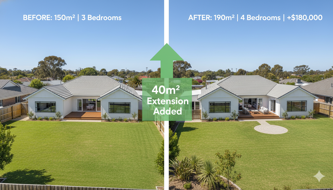 Before and after aerial comparison showing home extension added to Australian house increasing from 3 to 4 bedrooms with seamless integration